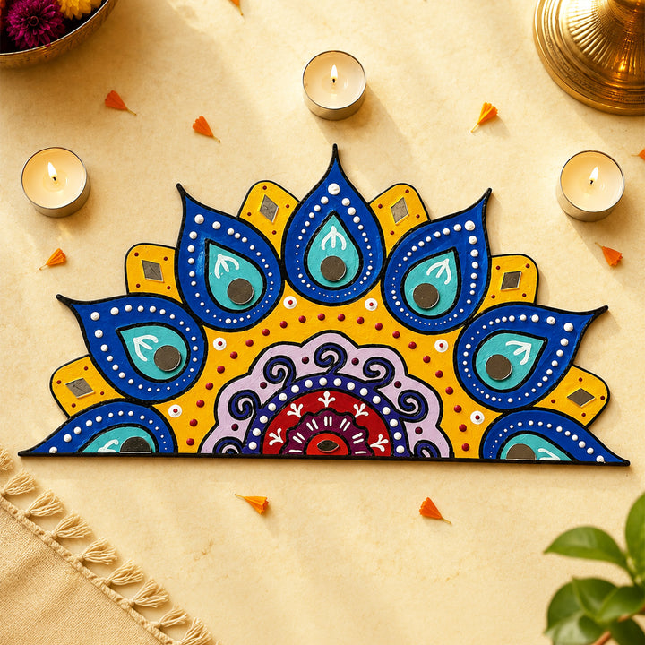 Hand-Painted Mirror Work Peacock Feather Half Mandala Mdf Rangoli For Festive Decor