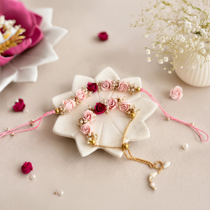 Hand-Knotted Rose Beaded Rakhi & Lumba Set For Bhaiya Bhabhi | Set of 2