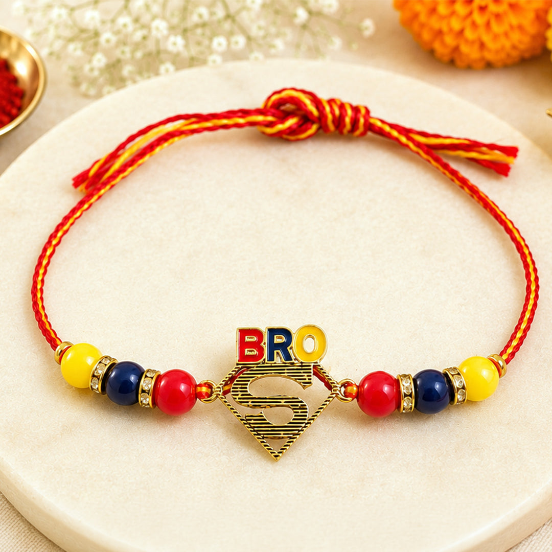 Handmade Beaded Superman Bro Rakhi Gift Hamper With Roli Chawal For Brother