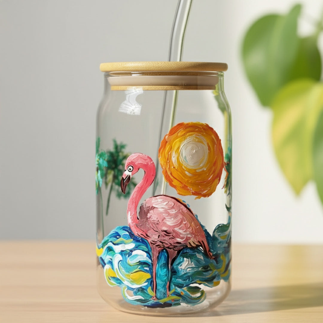 Hand-Painted Flamingo Flair Glass Tumbler With Straw