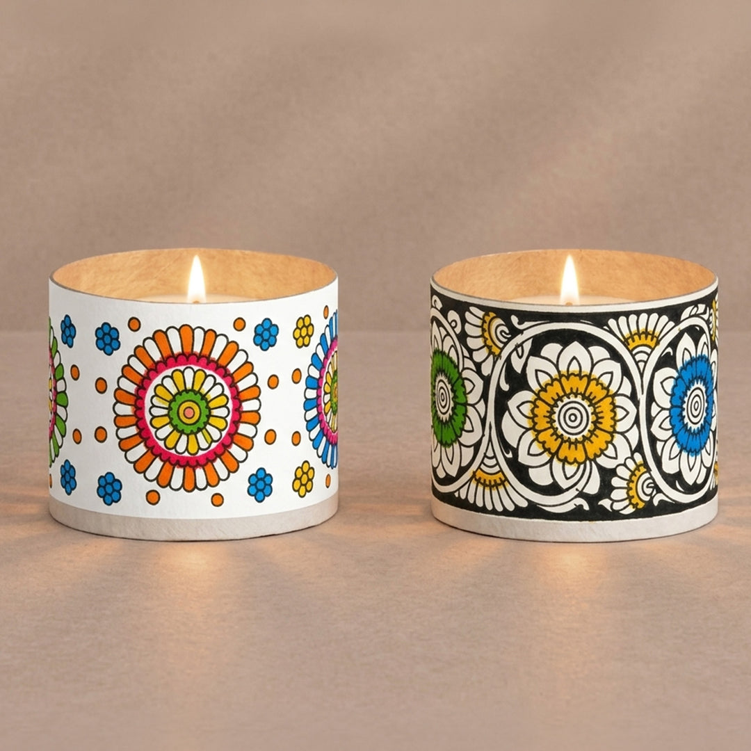 Set of 2 | Hand-Painted White Tholu Floral Parchment Leather Votive Tealight Covers