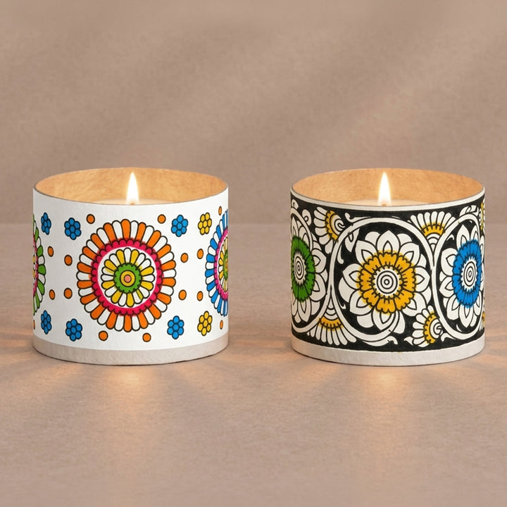 Set of 2 | Hand-Painted White Tholu Floral Parchment Leather Votive Tealight Covers