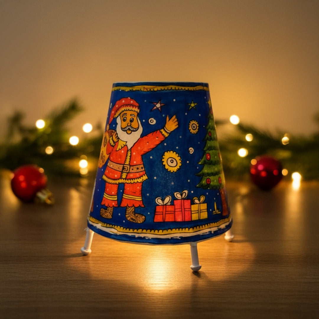 Blue Christmas Motifs Hand Painted Tholu Bommalata Tabletop Lamp | 6 inches