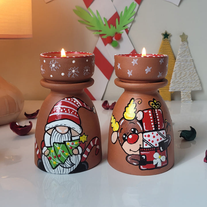 Hand-Painted Gnome & Reindeer Tealight Holders For Christmas Decoration | Set Of 2