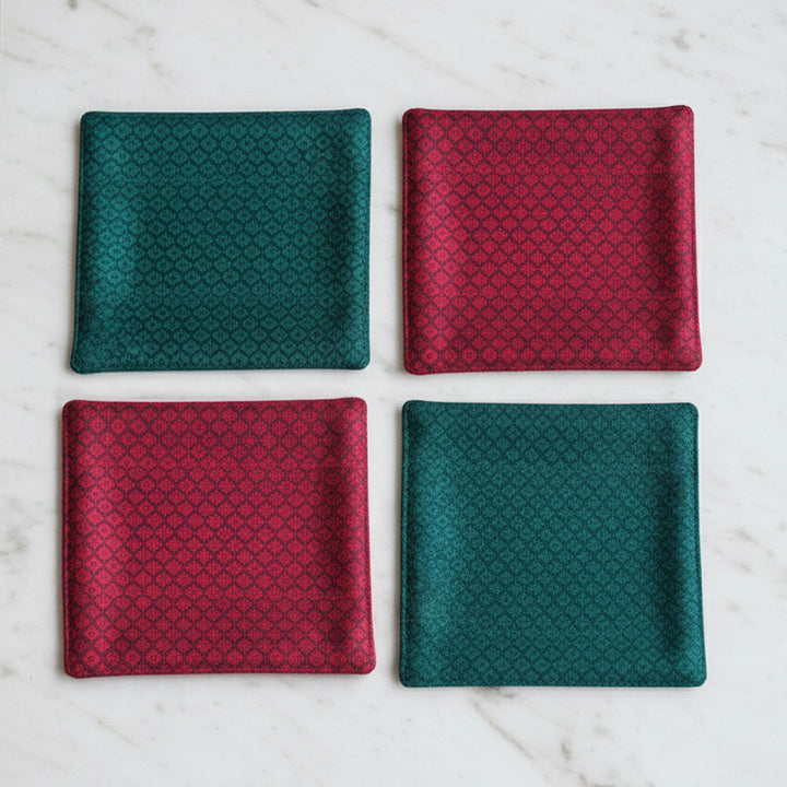 Reversible Handmade Red & Green Khunn Fabric Cotton Coasters | Set Of 4