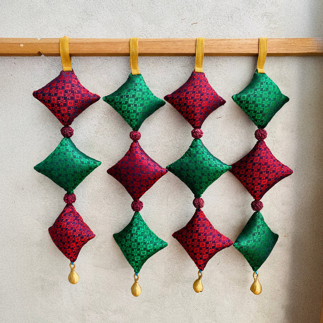 15 Inch | Handmade Kite Shaped Rudraksh Khunn Fabric Cotton Hangings | Set Of 4