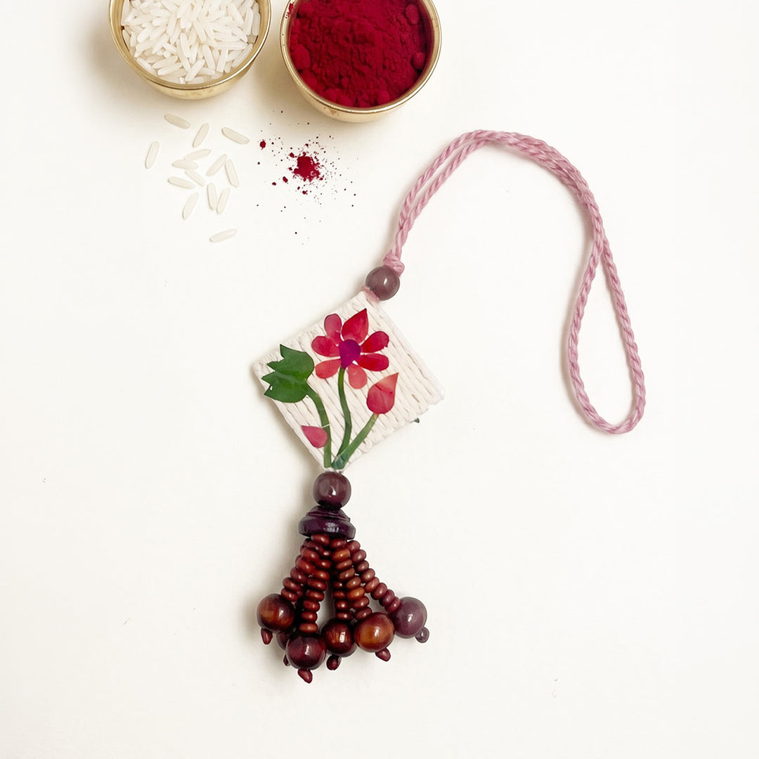 Handmade Pressed Flower Art Lotus Jute Lumba Rakhi With Roli Chawal For Bhabhi