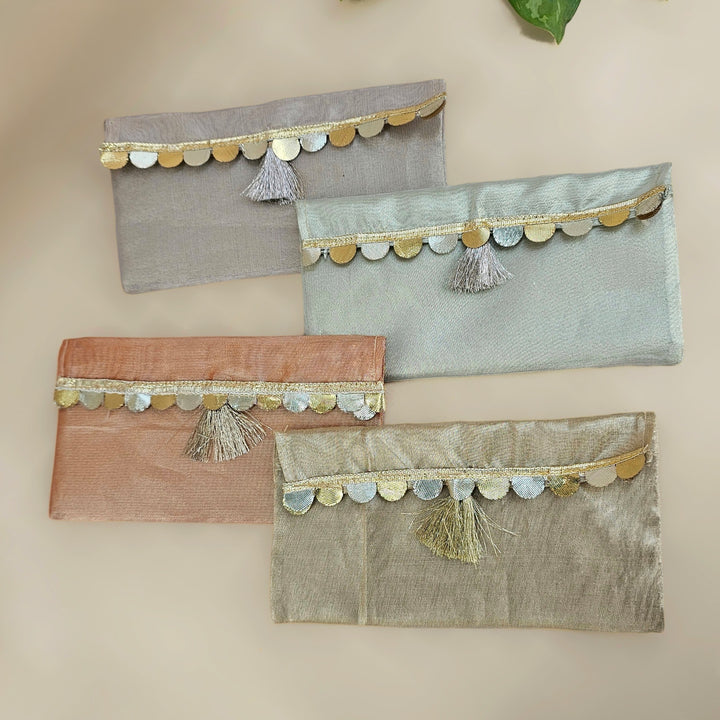 Set Of 2 "Sitara" Handcrafted Tissue Fabric Gift Envelopes With Gota Trim And Tassel Detailing For Festive Gifting