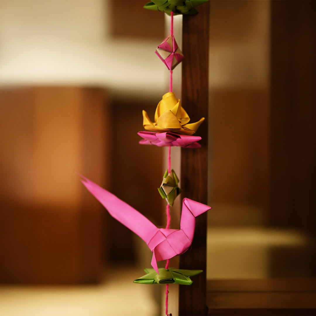 2 Pc | Handwoven Palm Leaf Lotus & Bird Wall Hanging With Bells