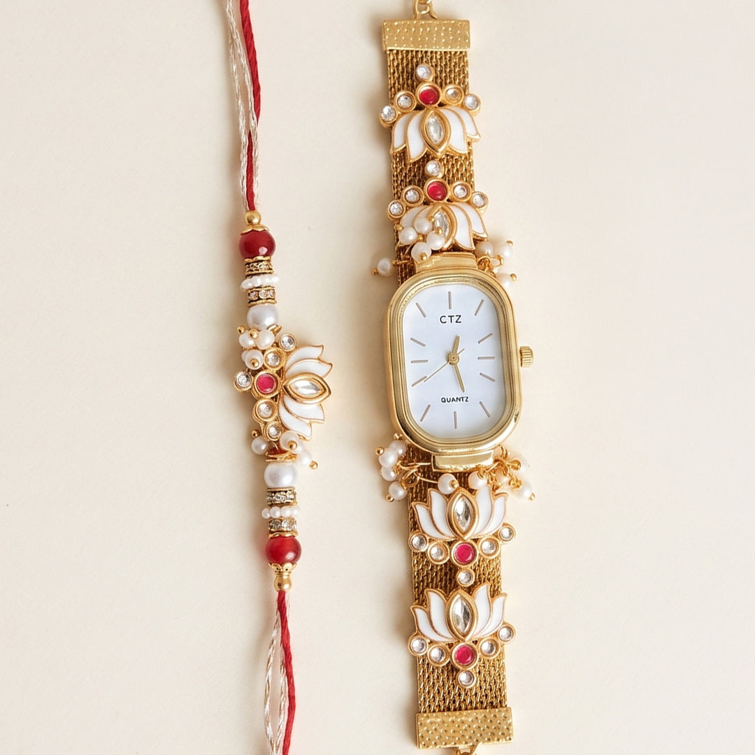 Lotus Kundan Watch Bhaiya Bhabhi Rakhi Set With Roli Chawal | Set of 2