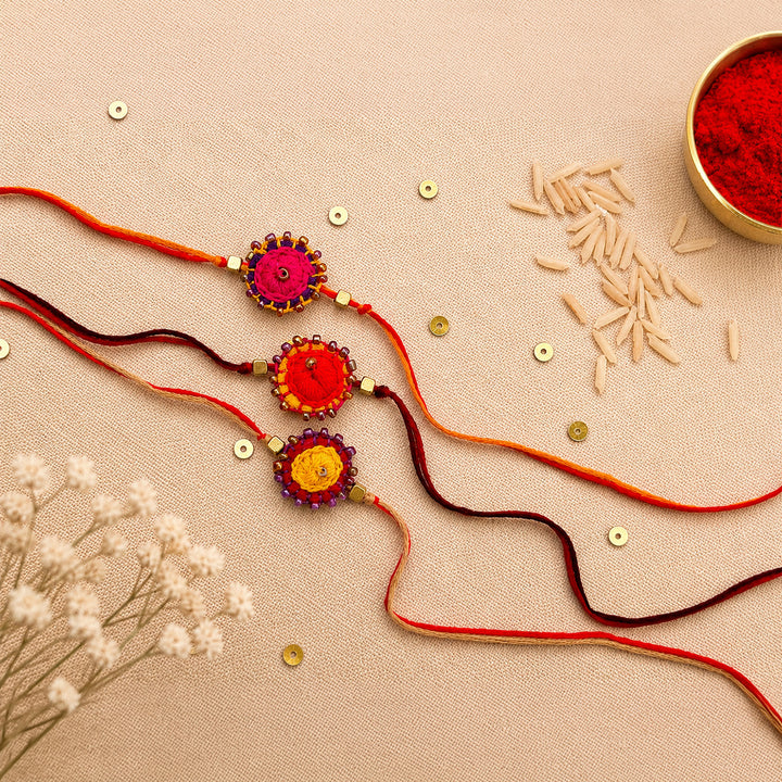 3 Pc | Hand Embroidered Bindu Felt Rakhis With Roli Chawal For Brother