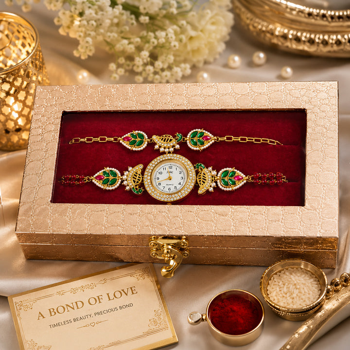Handmade Kundan & Pearl Royal Heritage Rakhi & Bhabhi Watch Gift Box For Bhaiya Bhabhi | Set of 2
