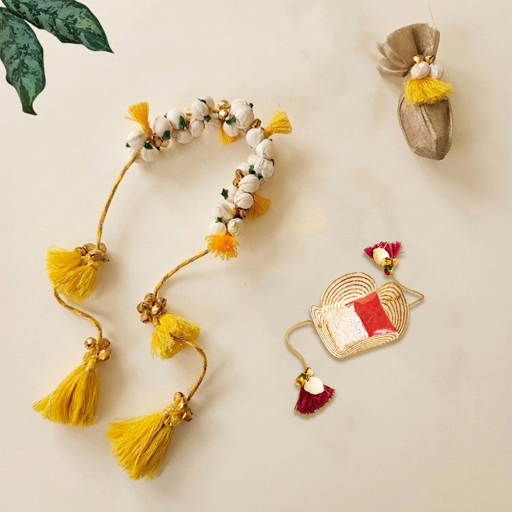 Handcrafted Shola & Ghungroo Tassel Lumba Rakhi for Bhabhi - Yellow