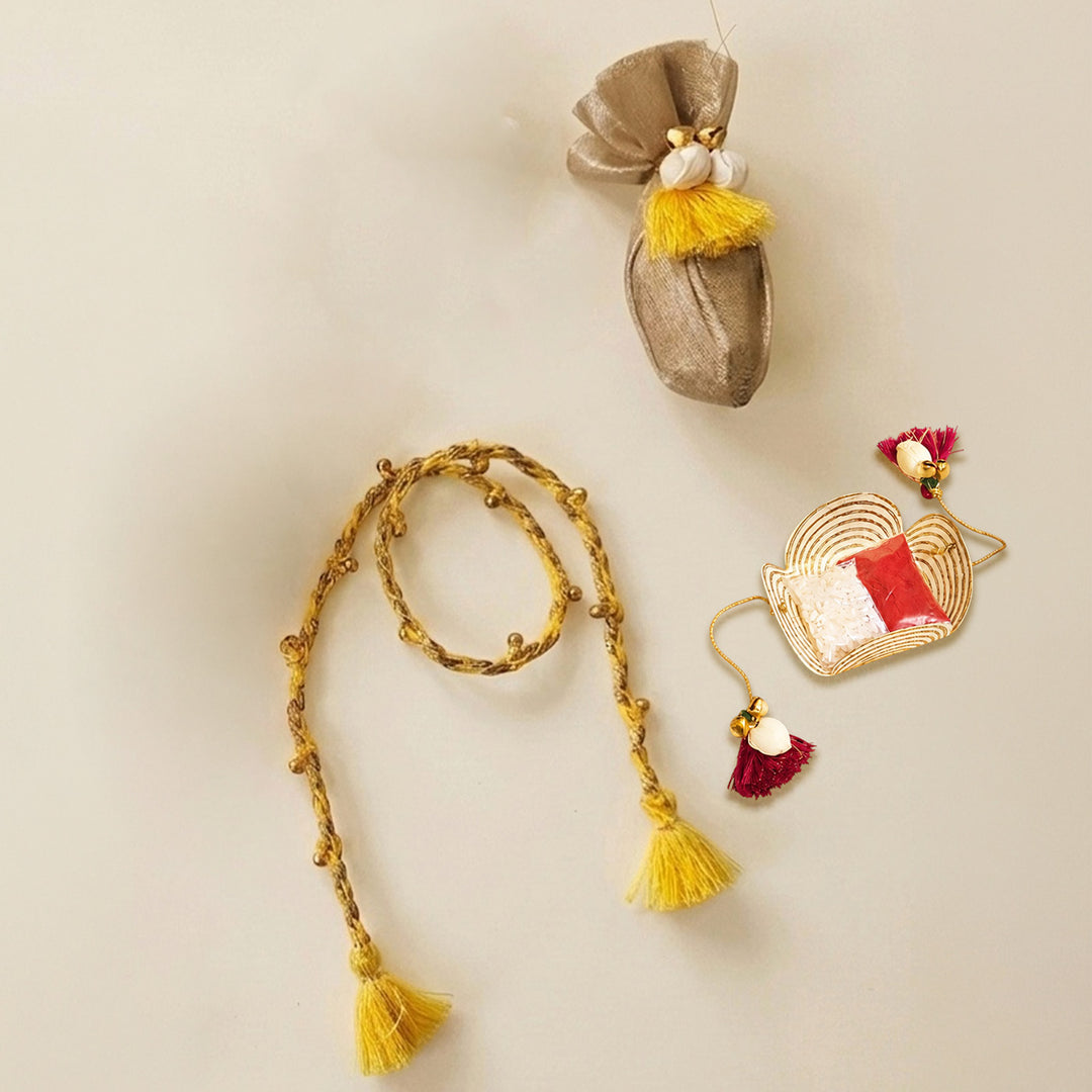 Handcrafted Shola, Dori & Ghungroo Tassel Rakhi - Yellow