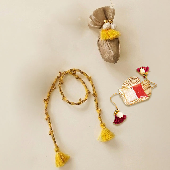 Handcrafted Shola, Dori & Ghungroo Tassel Rakhi - Yellow