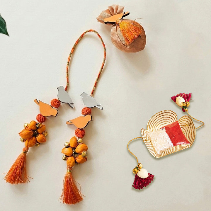 Handcrafted Bird Motif Shola Beaded Tassel Lumba Rakhi for Bhabhi - Orange