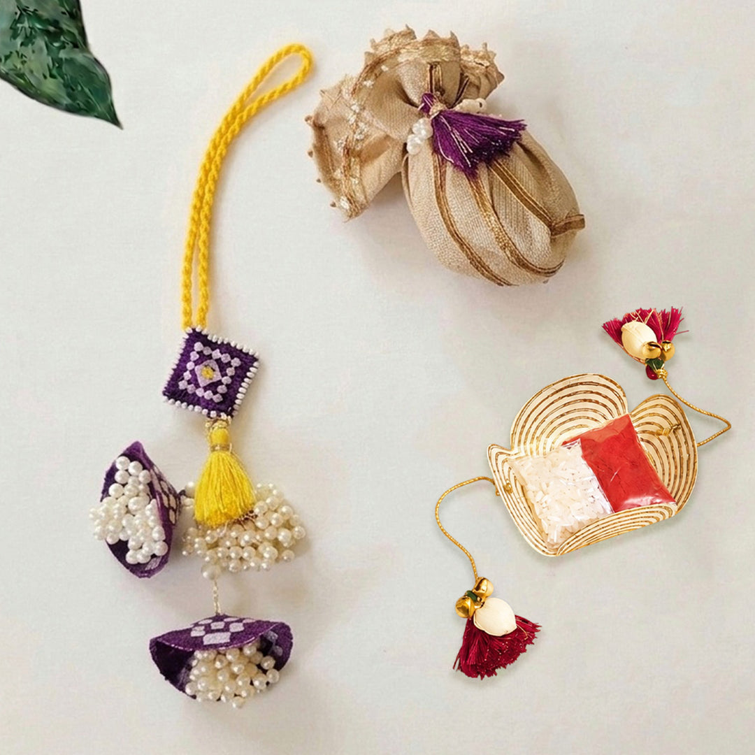 Handcrafted Pearl, Tassel & Thread Work Cheed Light Lumba Rakhi for Bhabhi - Violet