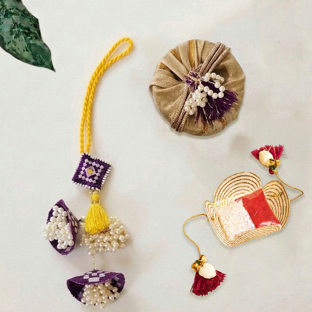 Handcrafted Pearl, Tassel & Thread Work Cheed Light Lumba Rakhi for Bhabhi - Violet