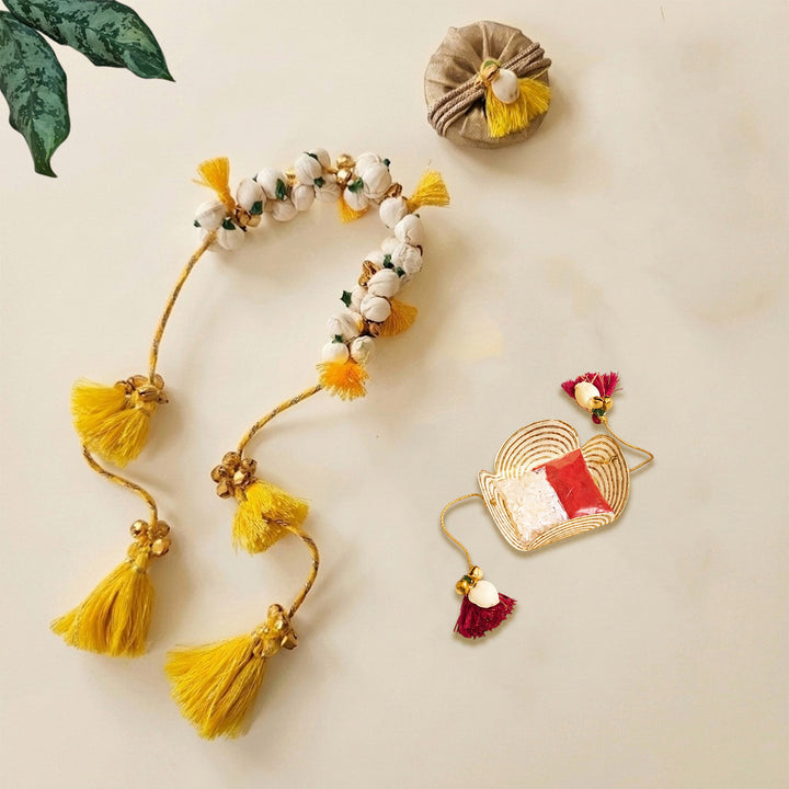 Handcrafted Shola & Ghungroo Tassel Lumba Rakhi for Bhabhi - Yellow