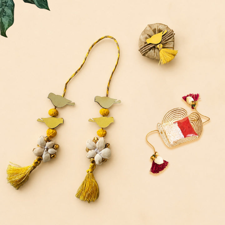 Handcrafted Bird Motif Shola Beaded Tassel Lumba Rakhi for Bhabhi - Yellow