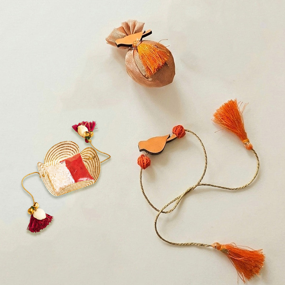 Handcrafted Bird Motif Beaded Tassel Rakhi - Orange