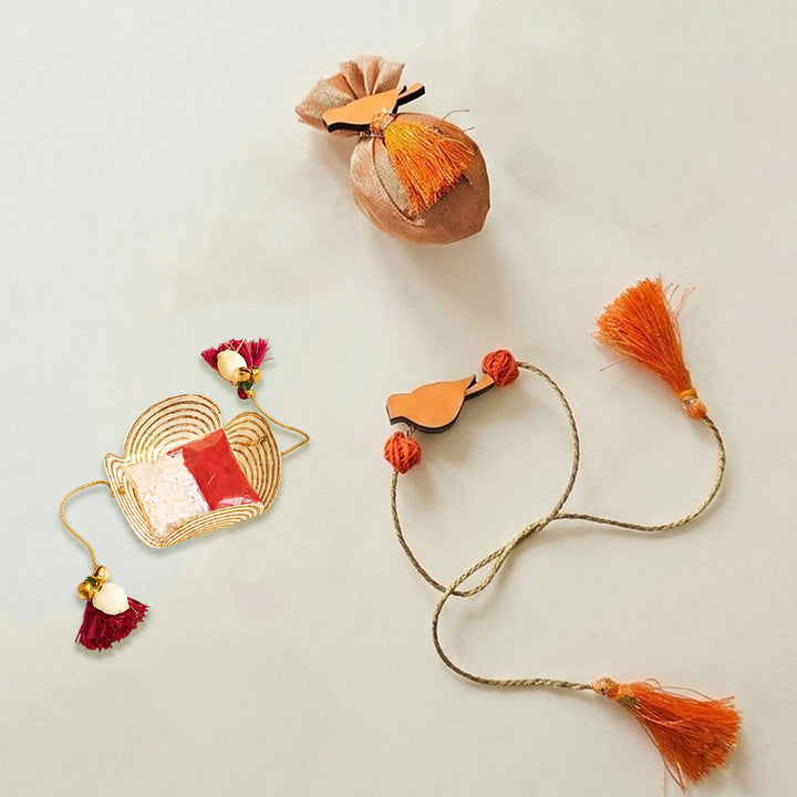 Handcrafted Bird Motif Beaded Tassel Rakhi - Orange