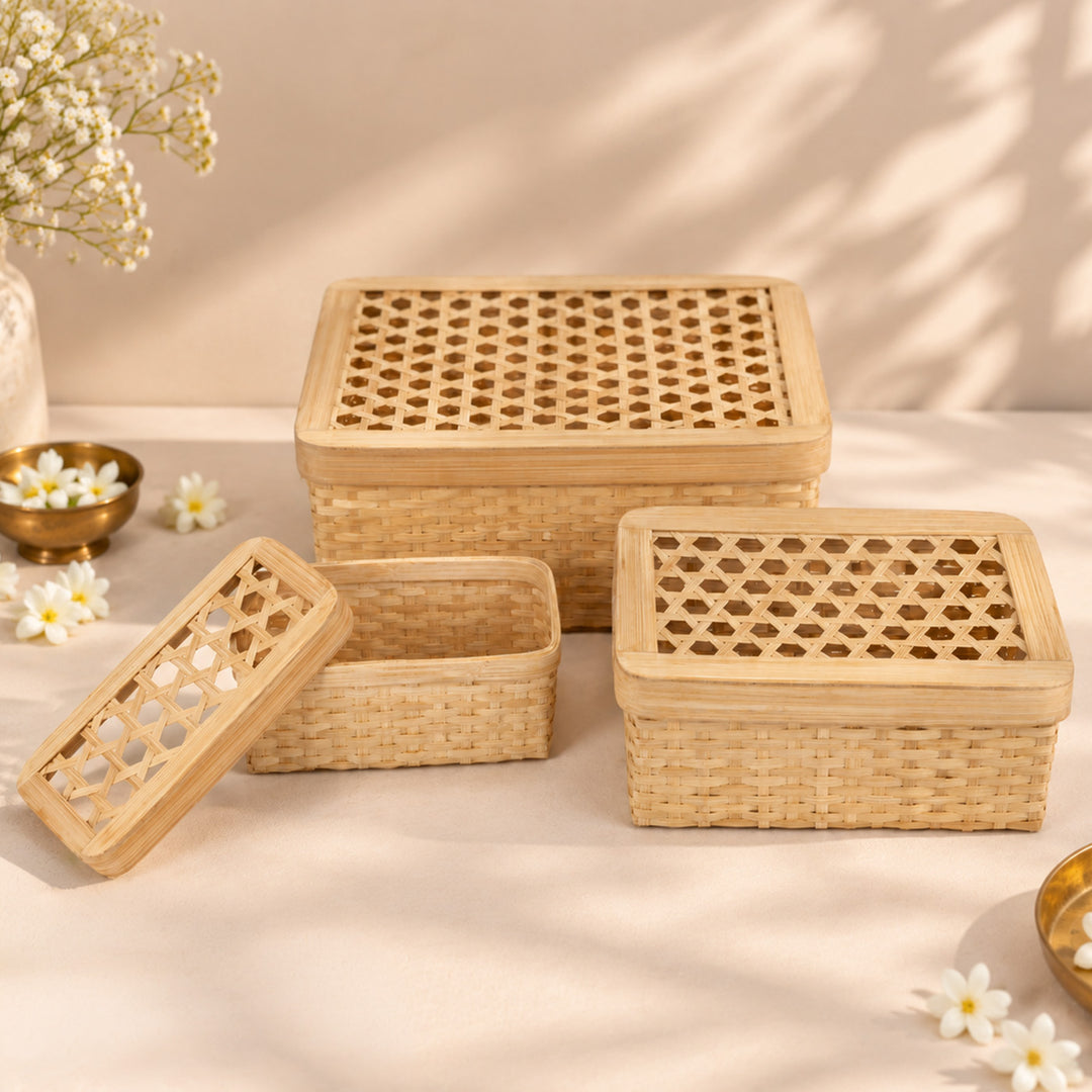 Set Of 3 "Mira" Handcrafted Hexagonal Weave Bamboo Rectangular Gift Box For Storage And Gifting