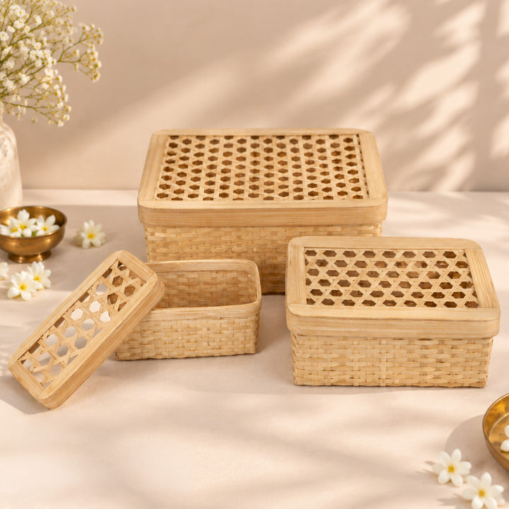 Set Of 3 "Mira" Handcrafted Hexagonal Weave Bamboo Rectangular Gift Box For Storage And Gifting