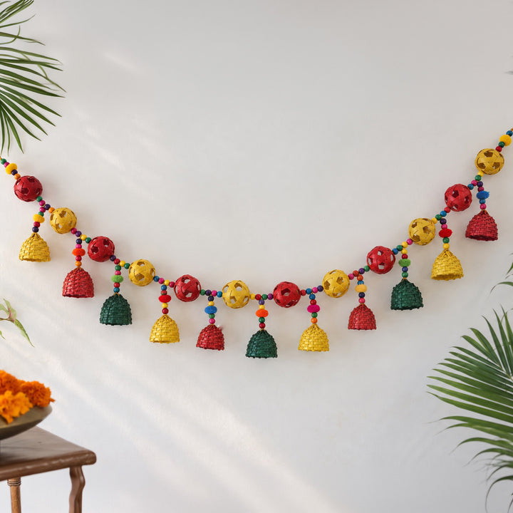 45 Inch | Handmade Woven Ball Design Bamboo Toran With Wooden Beads & Pom Poms