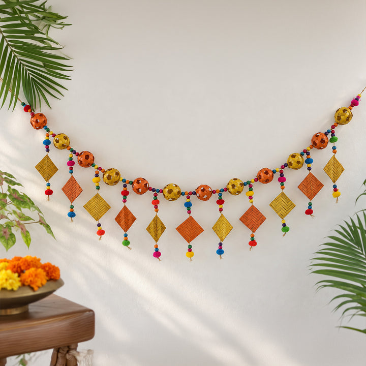 45 Inch | Handmade Woven Ball & Chatai Design Bamboo Toran With Wooden Beads & Pom Poms