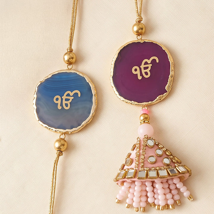 Handmade "Ik Onkar" Pink And Blue Premium Agate Bhaiya Bhabhi Couple Rakhi And Lumba Set With Roli Chawal, Nariyal And Gift Box | Set of 2
