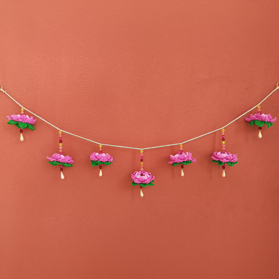 Handmade Lotus Crochet Toran with Crystal Beads & Beaded Tassels