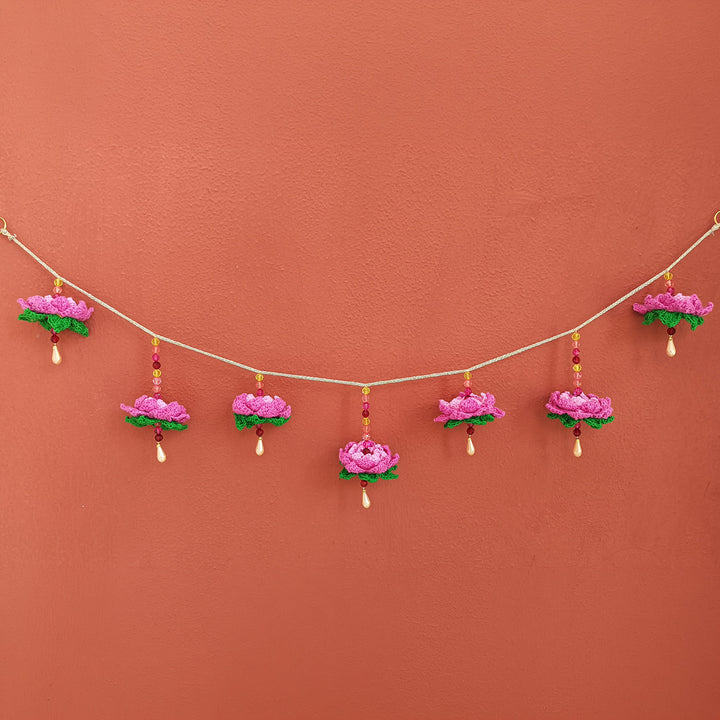Handmade Lotus Crochet Toran with Crystal Beads & Beaded Tassels