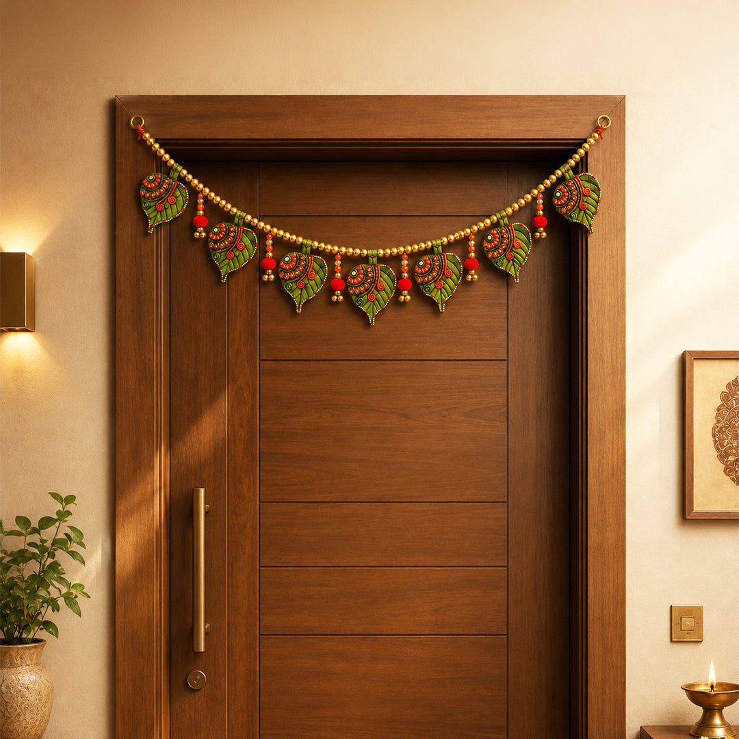 Small Asopalav Green Handcrafted Asopalav Leaf MDF & Paper Mache Toran For Festive Decor