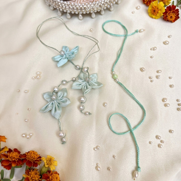 Handmade Madhu Mohini Flower Pearl Couple Rakhi Lumba Set With Roli Chawal For Bhaiya Bhabhi