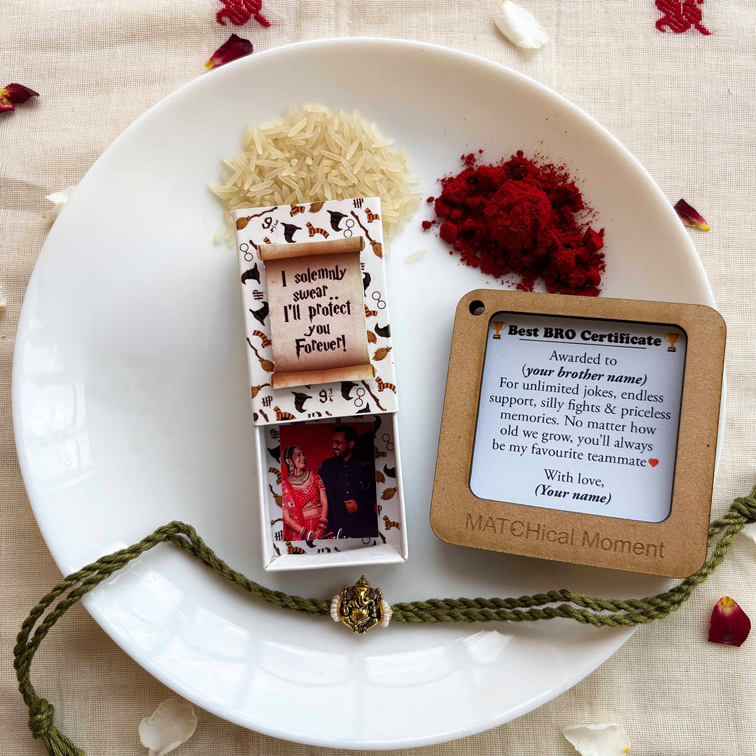 Personalized Photo "Harry Potter" Theme Rakhi Gift for Brother | Rakhi, Matchbox Card & Photo Magnet Combo