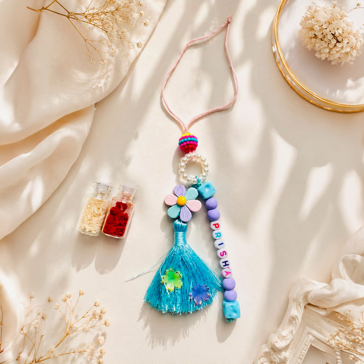 Handmade Personalised Name Tassel Lumba With Bead Detailing With Roli Chawal For Bhabhi