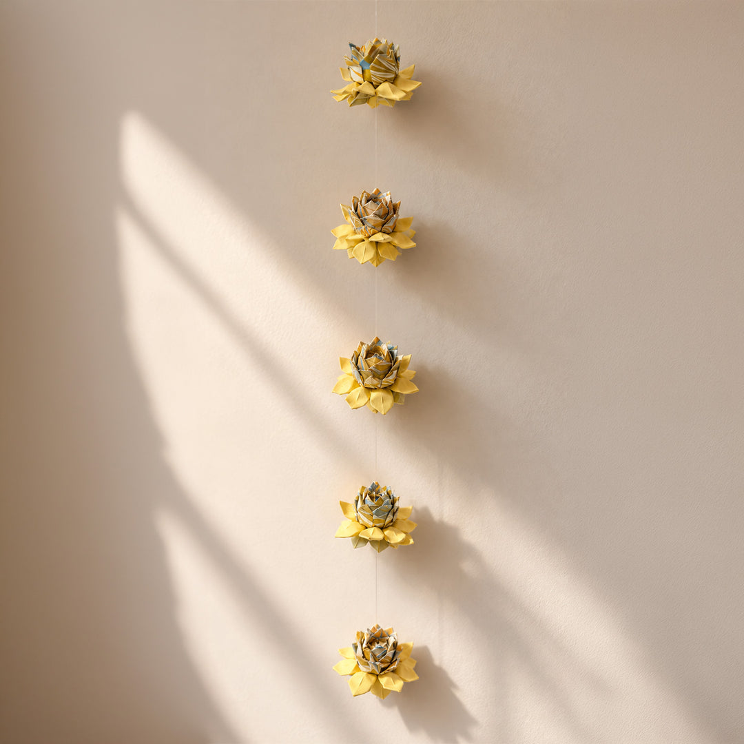 2 Pc | Hand-Marbled Origami Lotus Hanging in Tree-Free Paper - Beige Multicolour & Yellow