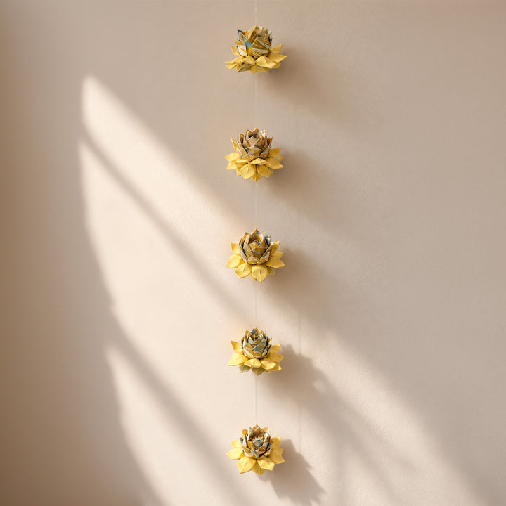 2 Pc | Hand-Marbled Origami Lotus Hanging in Tree-Free Paper - Beige Multicolour & Yellow