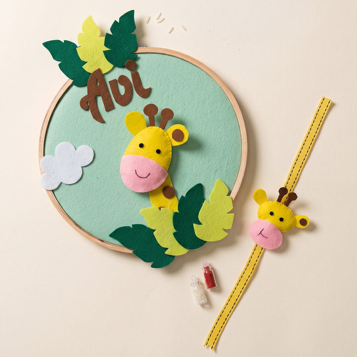 Personalised Handmade Felt Giraffe Rakhi With Matching Nameplate & Roli Chawal For Brother