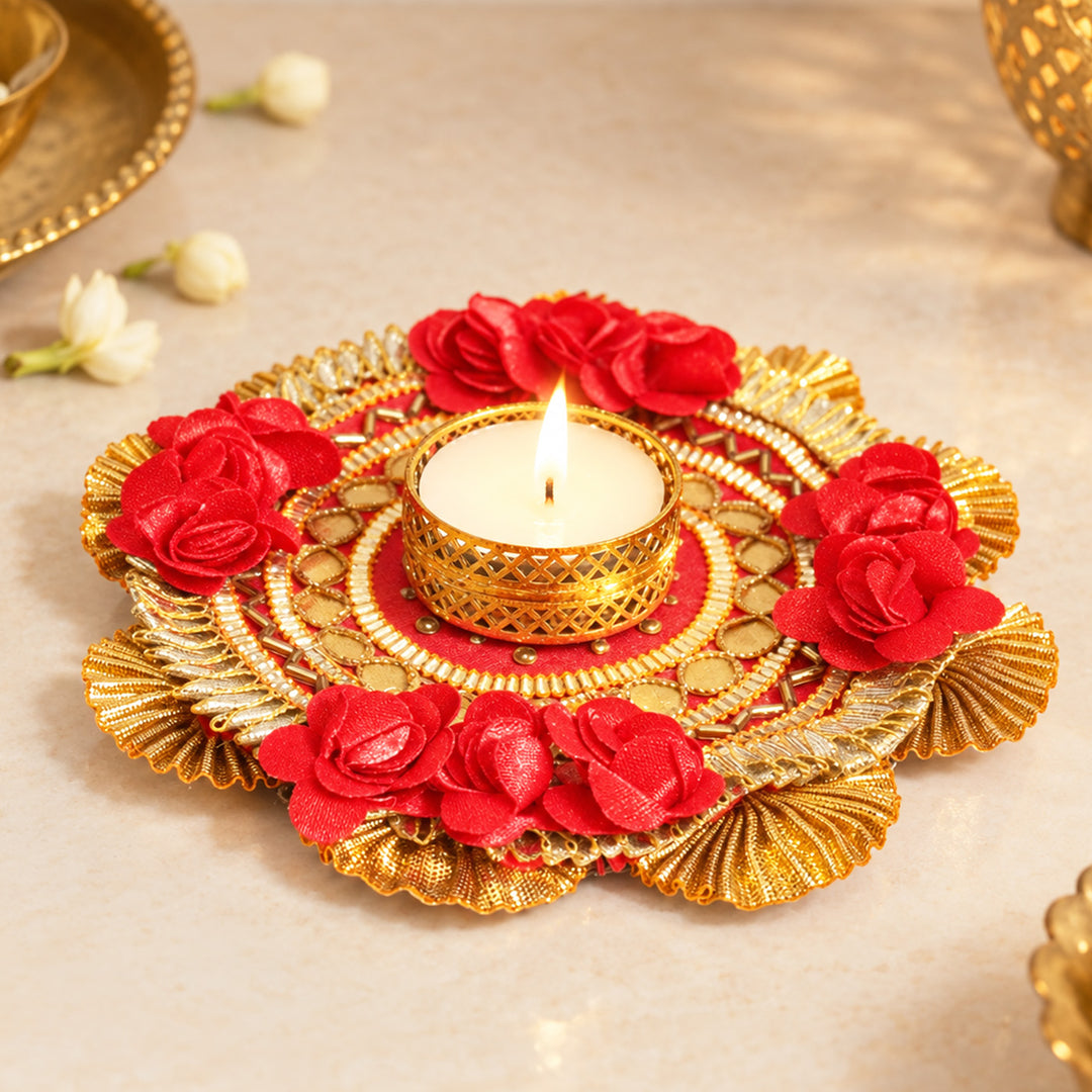 Red Flower Handmade Fabric-Wrapped MDF Tealight Candle Holder For Festive Decor