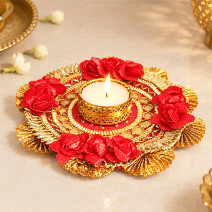 Red Flower Handmade Fabric-Wrapped MDF Tealight Candle Holder For Festive Decor