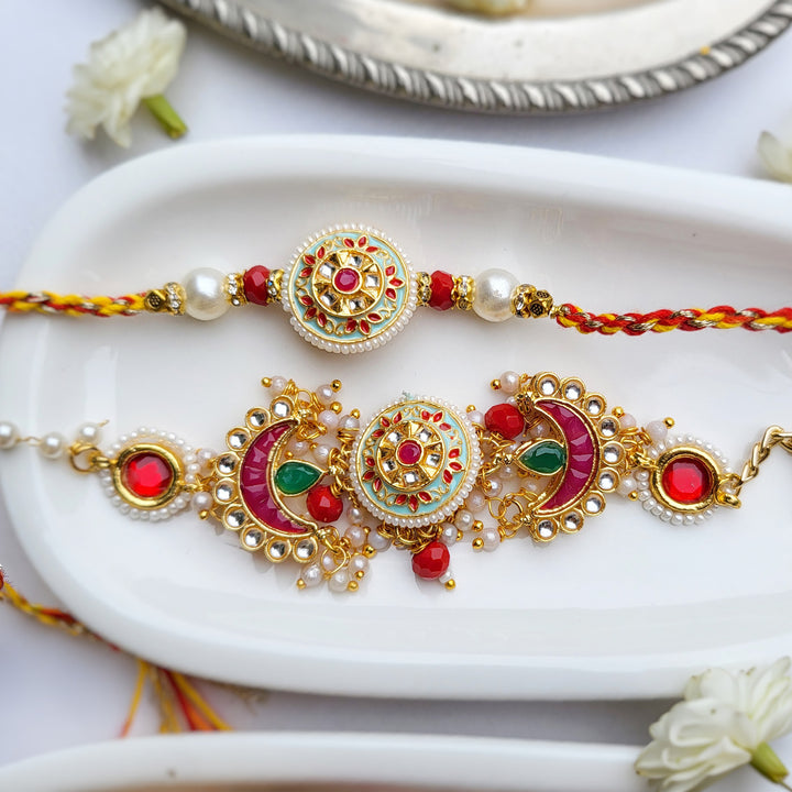Handcrafted Classic Meenakari Bhai Rakhi with Ruby Meenakari Bhabhi Bracelet | Set of 2