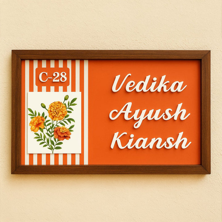 Personalized Genda Phool Printed Wooden & Acrylic Name Plate with 3D Letters
