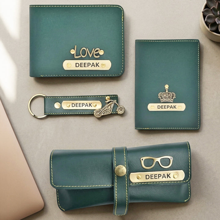 4 Pc | Personalized Faux Leather Gift Set For Men | Includes 1 Wallet, 1 Keychain, 1 Passport Cover, 1 Eyeware Case