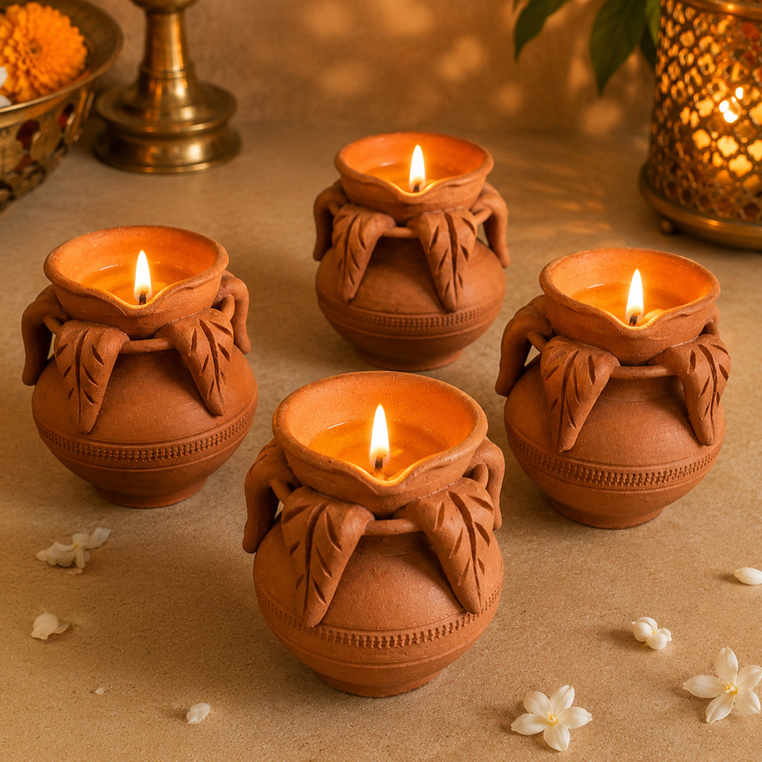 Set Of 4 | Handmade Kalash Terracotta Diya For Festive Decor