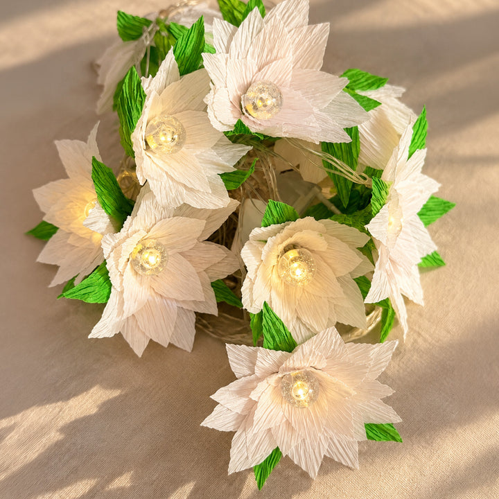 Handmade Phool Jhalar Crepe Paper Flower LED Fairy Light For Festive Decor - White & Green