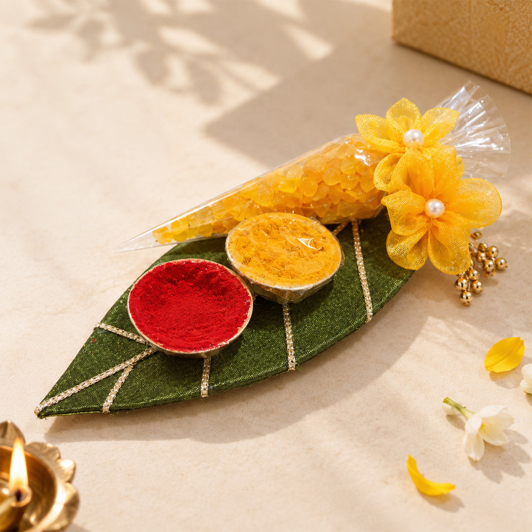 Ashok Patti Fabric Haldi Kumkum Holder With Mishri Platter For Puja And Festive Gifting