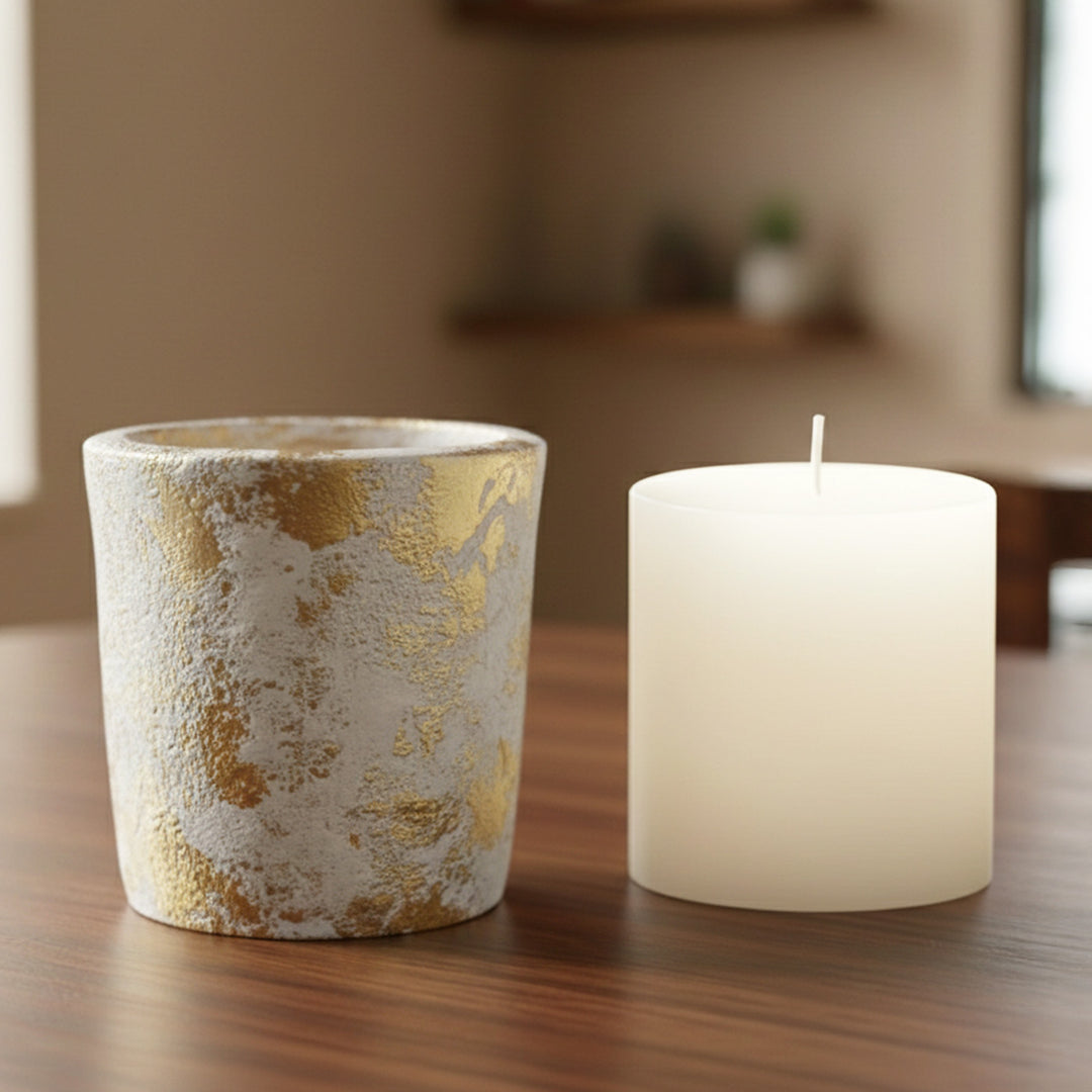 White Distress Finish Terracotta Candle Holder With Candle