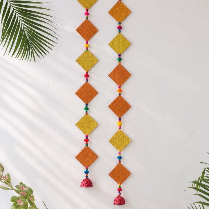 2 Pc | Handmade Woven Chatai Design Bamboo Hanging With Wooden Beads & Pom Poms